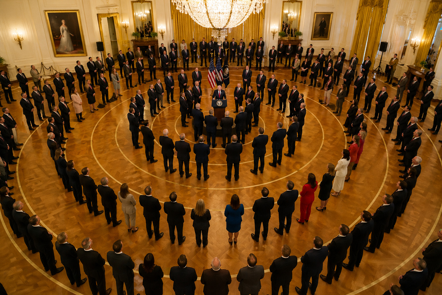Guests arranged by importance inside a ballroom