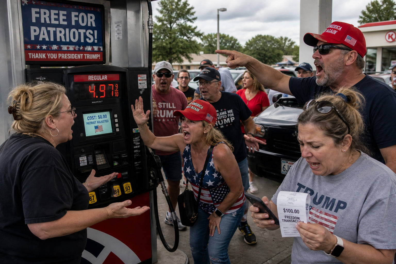 Confused Trump supporters shouting at a gas pump advertising free gas while charging full price