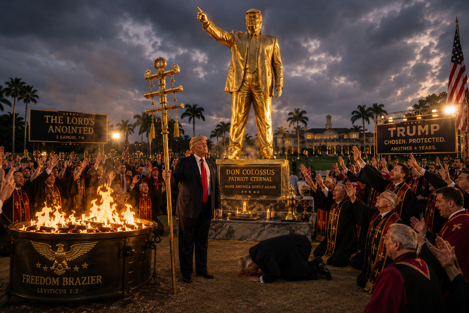 Golden Trump idol ceremony with pastors and braziers