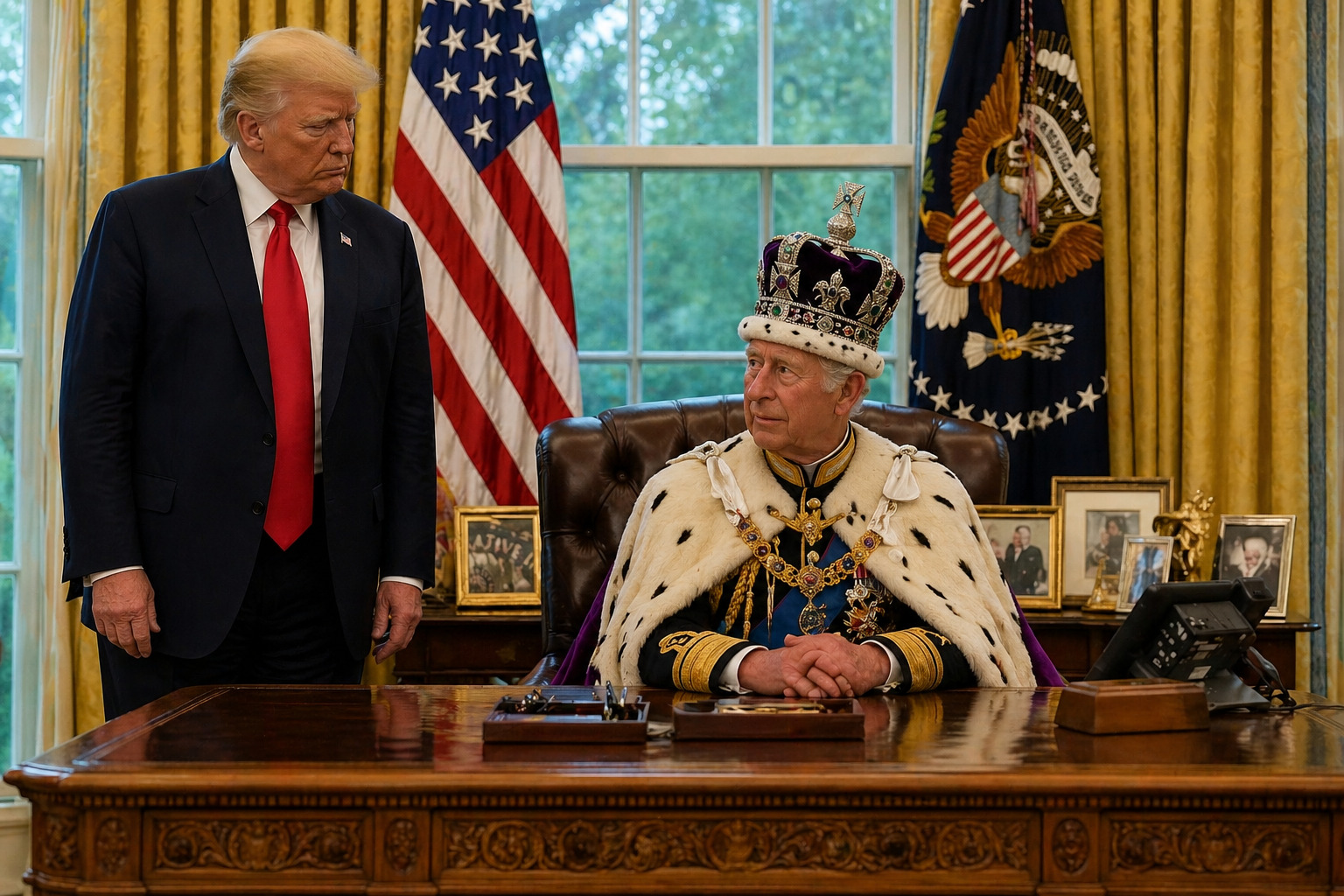 King Charles seated behind the Resolute Desk