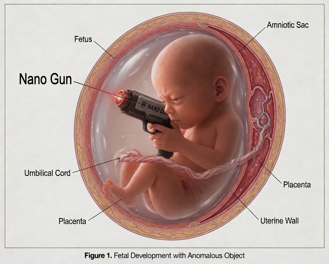 Fetus holding a nano-scale firearm in utero defense demonstration