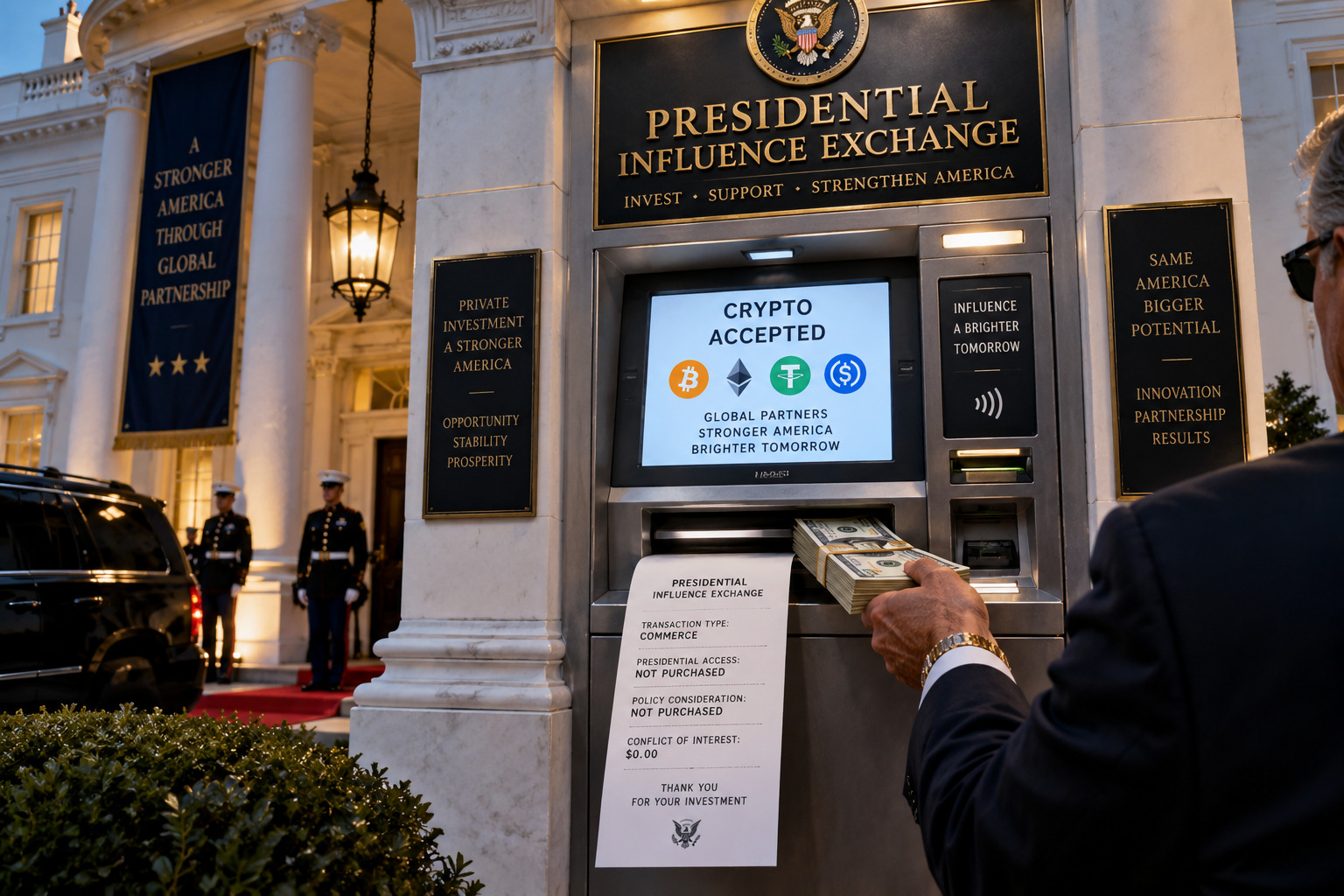 Cryptocurrency and presidential power represented in a satirical White House scene