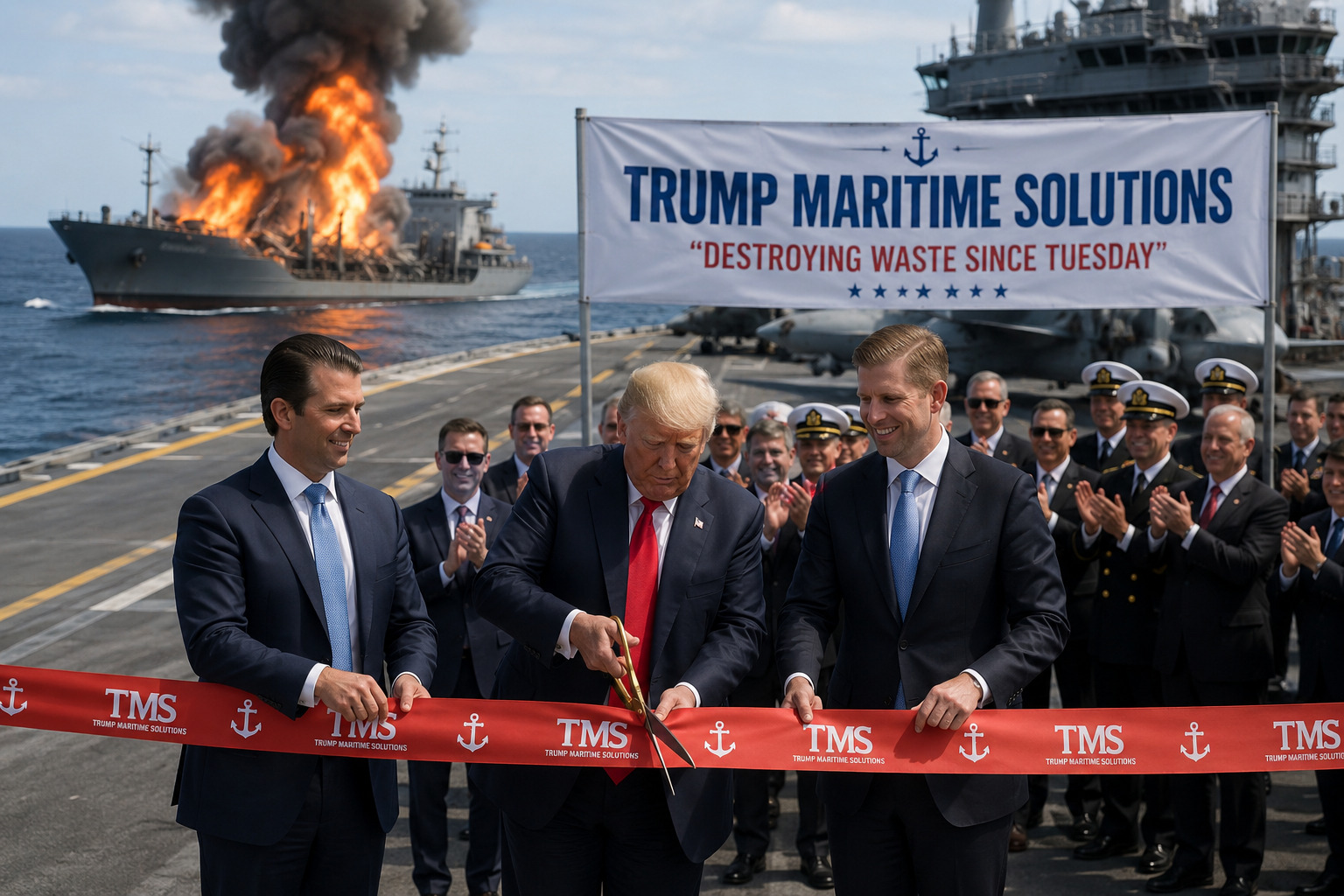 Trump and his sons celebrating a naval outsourcing contract while support ships explode behind them