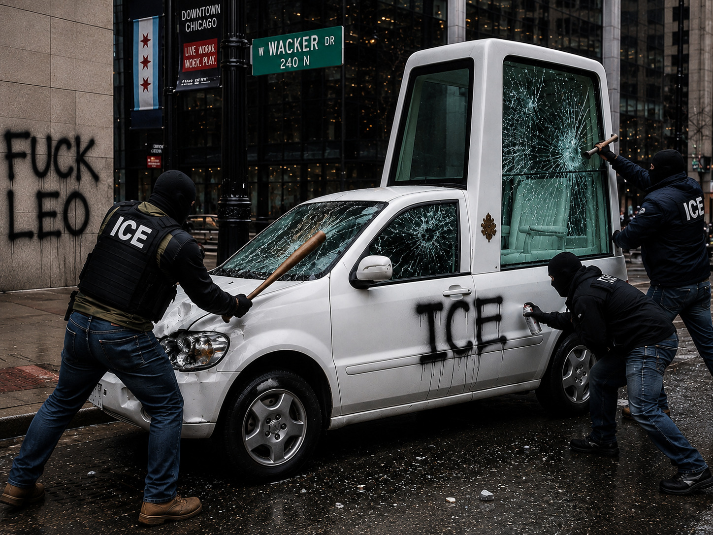 Masked ICE agents vandalizing the Popemobile in downtown Chicago