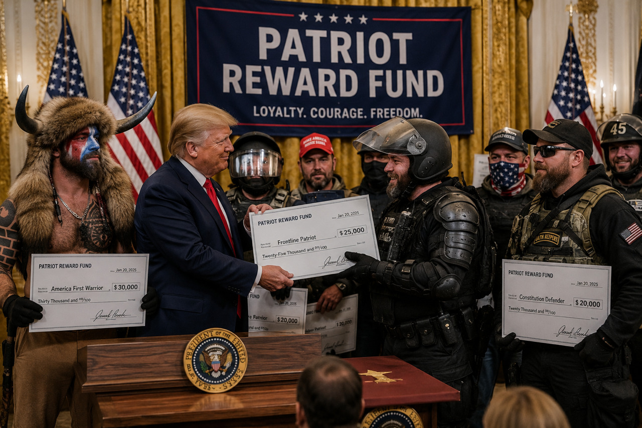 Donald Trump awarding giant checks to January 6 rioters in tactical gear