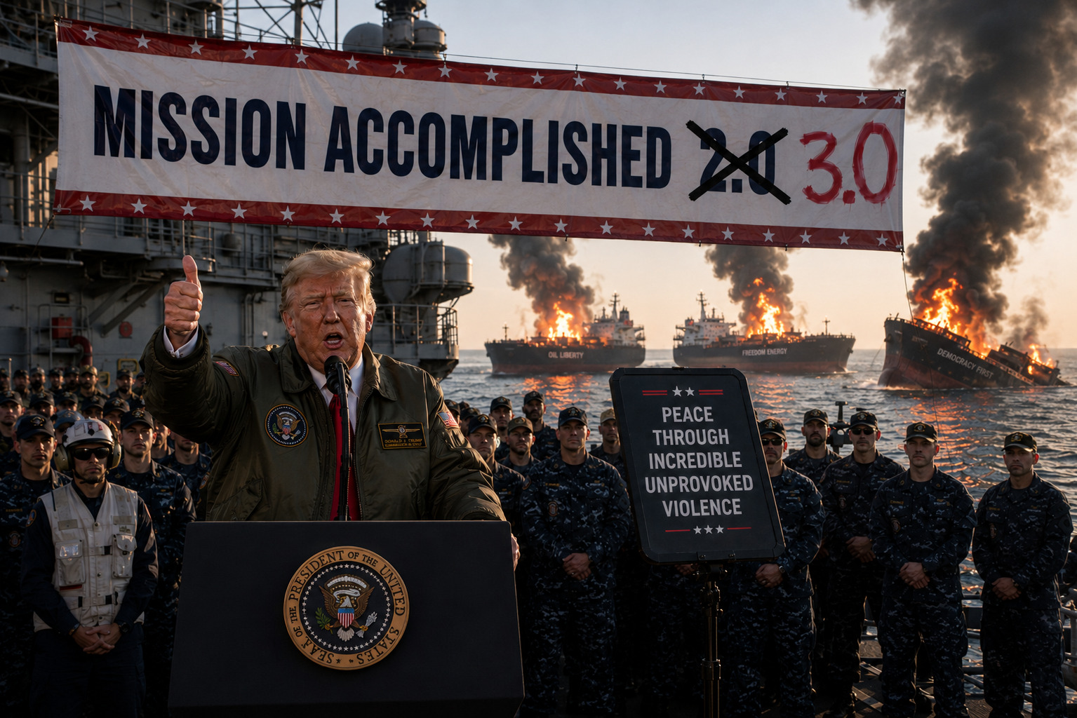 Trump speaking aboard aircraft carrier as oil tankers burn behind him