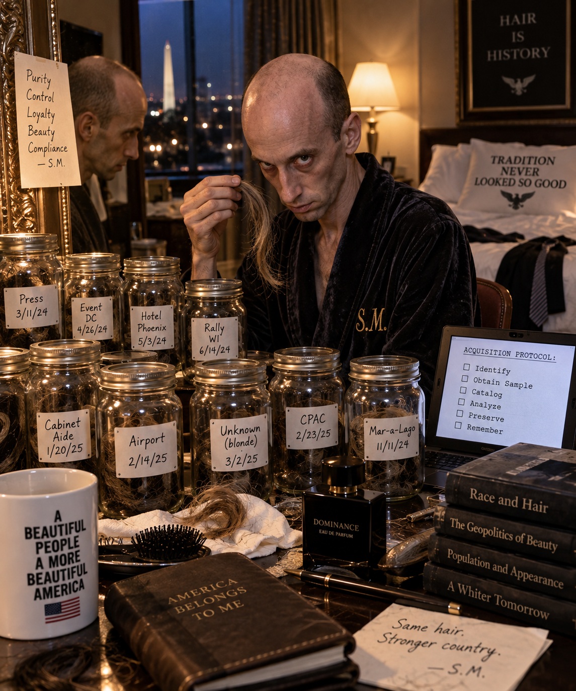 Stephen Miller addressing reporters about a hotel collection of labeled Mason jars