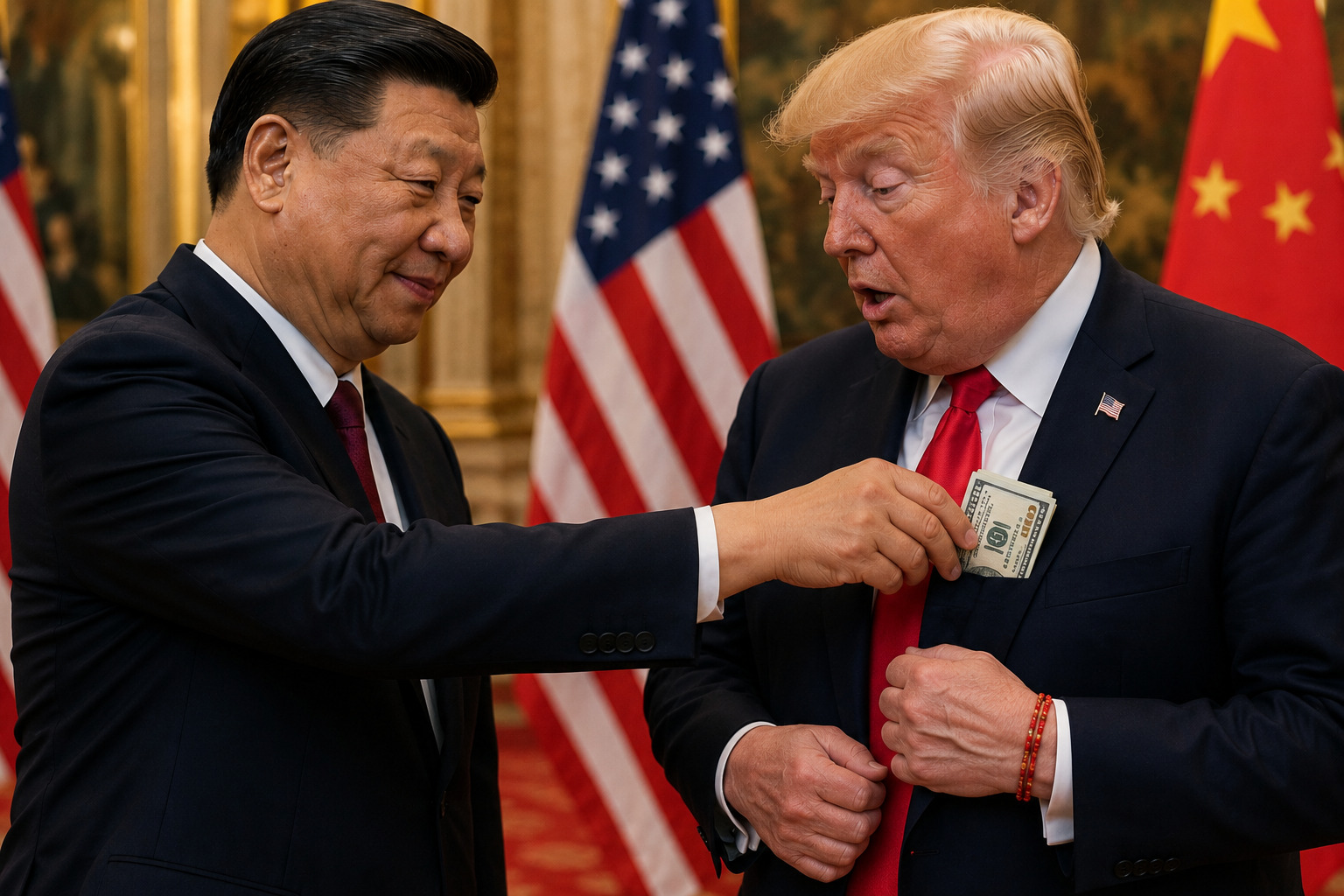 Xi Jinping slipping cash into Donald Trump's jacket pocket during a diplomatic summit