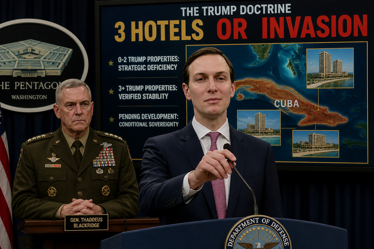 Pentagon briefing introducing the 3 Hotels or Invasion doctrine with Kushner and a general