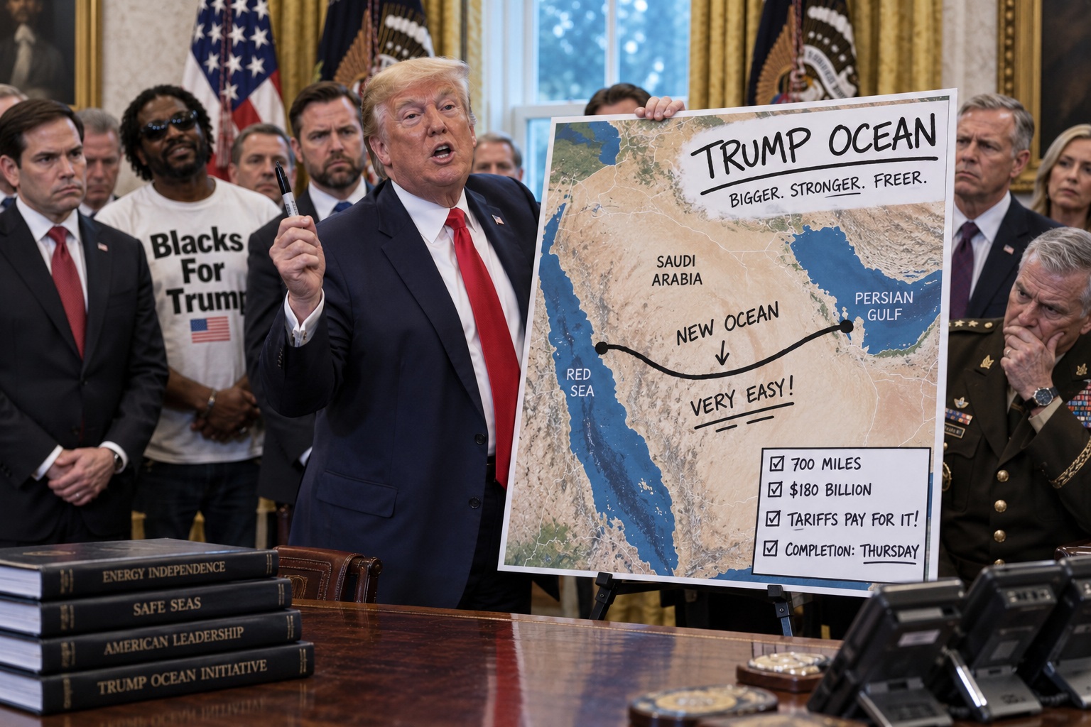 Donald Trump standing beside a massive desert ditch presented as a new ocean