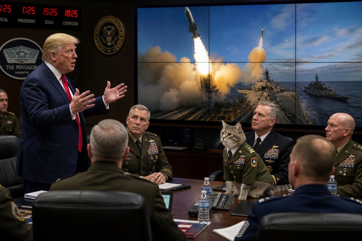 Pentagon briefing with missile launch screen and quantum war confusion