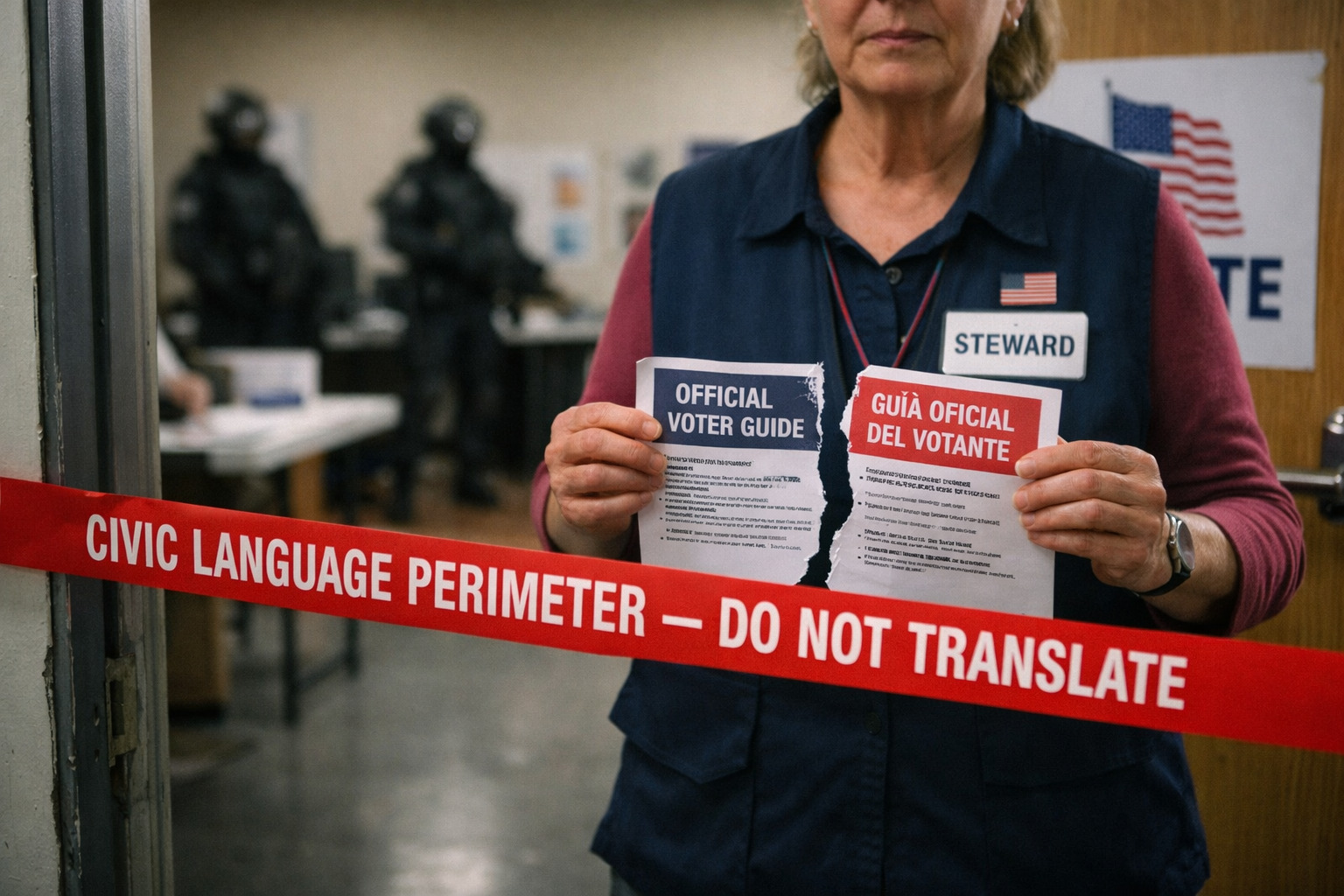 Angels remove multilingual election materials into a secured bin during a civic speech hygiene operation at a polling place.