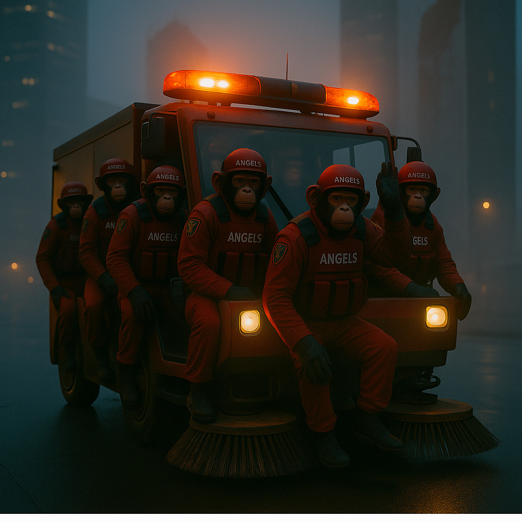 Red-suited chimps flee scene of Ministry disruption on a street sweeper