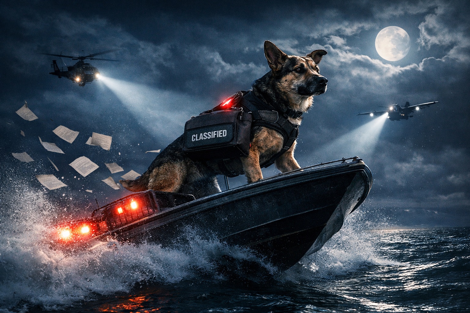 Tactical-vested foreign canine operative standing at the bow of a fleeing smuggling vessel