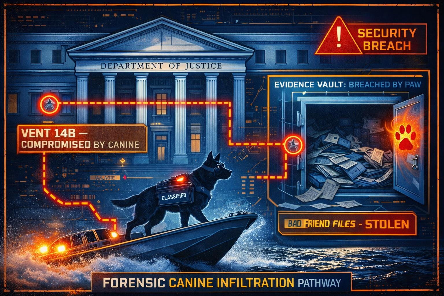 Infrared surveillance still of the canine operative standing defiantly on the narco vessel as Coast Guard craft pursue.