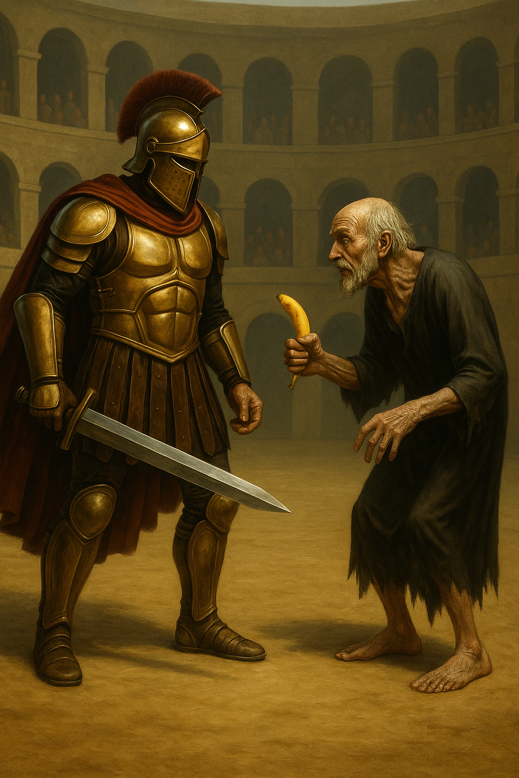 Karl Dinsey raises his assigned banana before the Praetorian Gladiator in the Ministry’s Redemption Arena