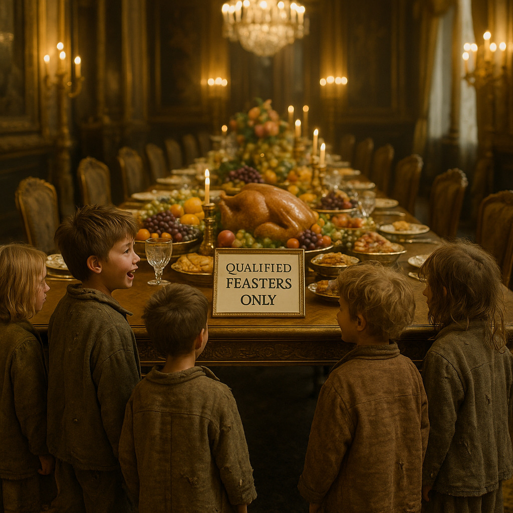 Children stand before an opulent banquet labeled ‘Qualified Feasters Only’