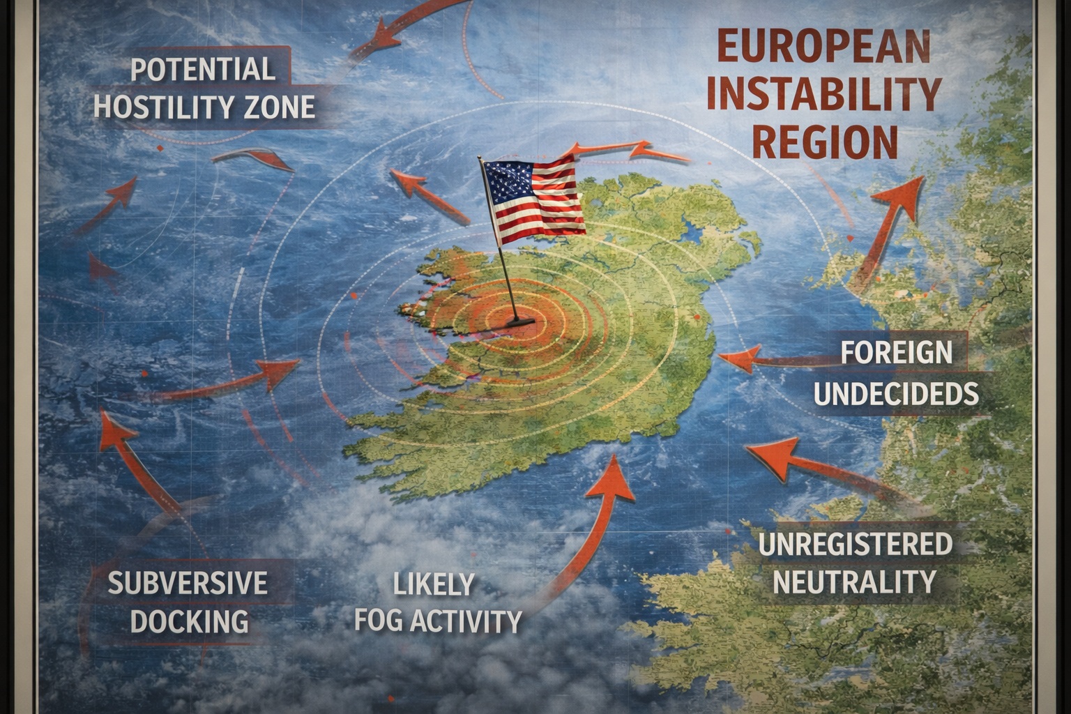 Foggy Dublin skyline as American flags are digitally overlaid during a televised national security briefing.