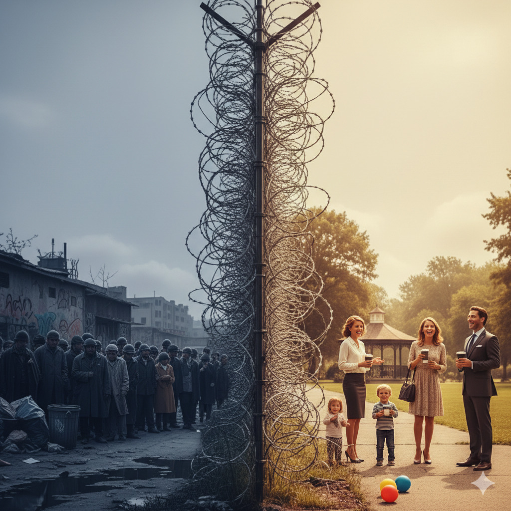 Silhouetted detainees on one side of an overbuilt fence; brightly lit, smiling citizens on the other, as if the barrier is the whole plan.