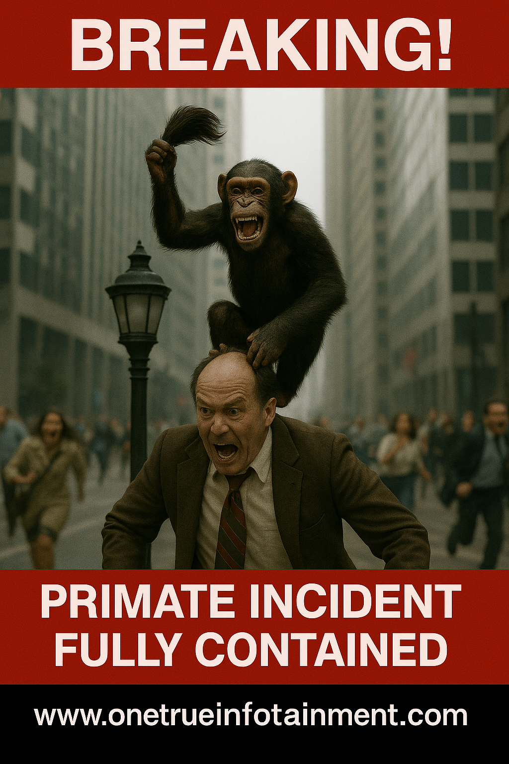 Downtown New Chicago, a chimp clings to a lightpost holding a captured toupee as pedestrians flee.