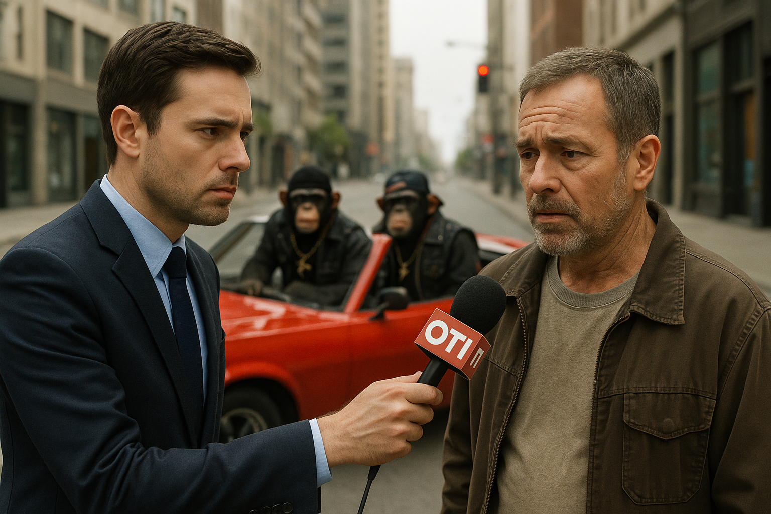 OTI man-on-the-street interview; background convertible departs a New Chicago intersection.
