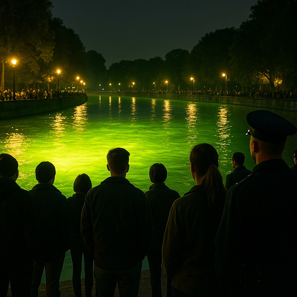 Glowing Mississippi River at night after industrial spill