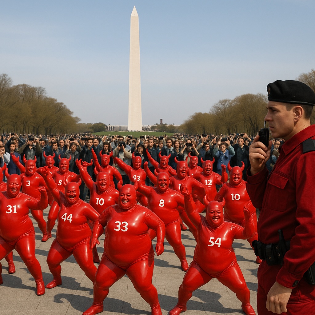 Red-latex TAFAJ dancers under floodlights as security looks on uneasily