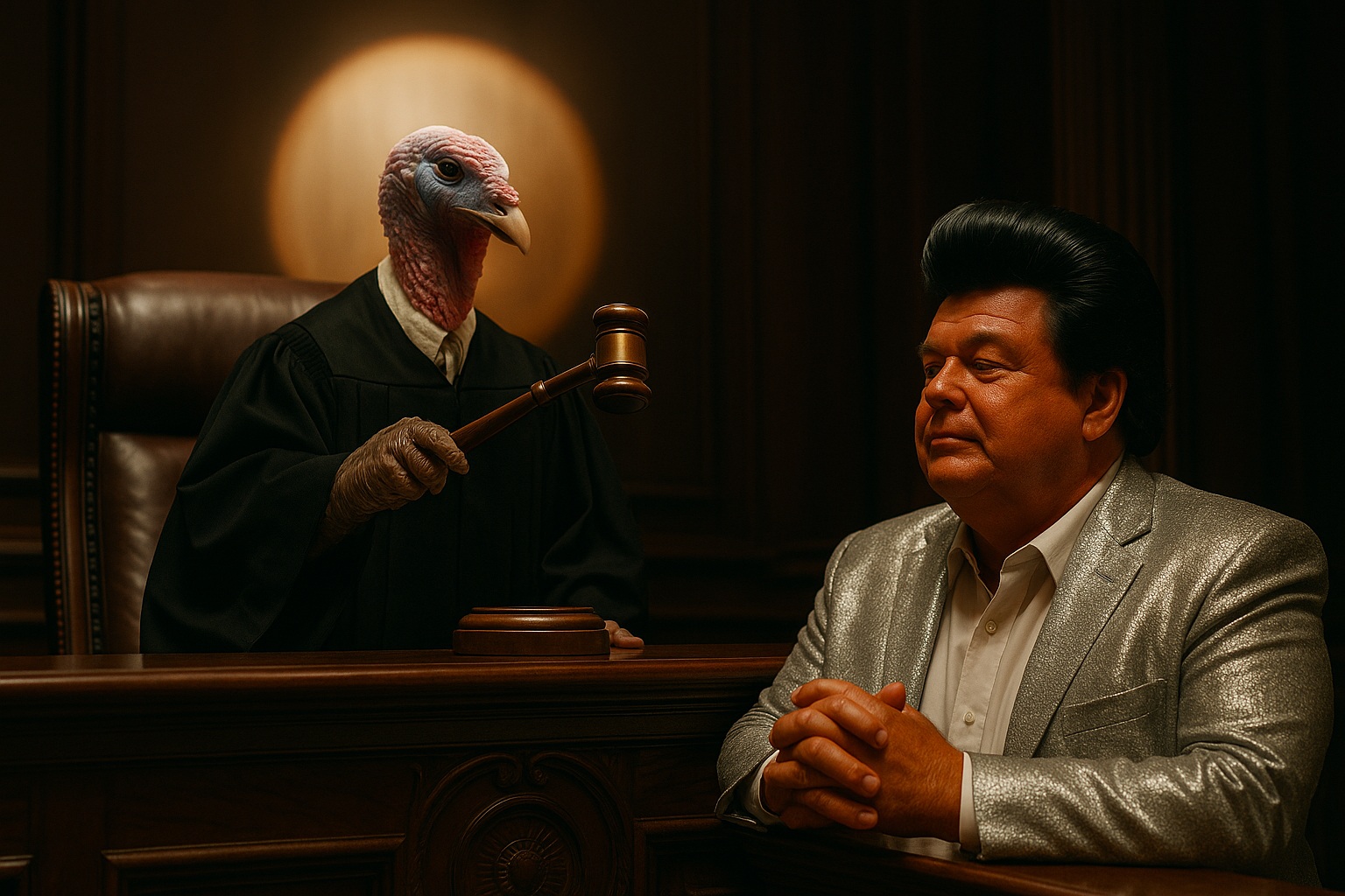 A solemn turkey judge preparing to deliver its pardon while the First Citizen awaits the decision.