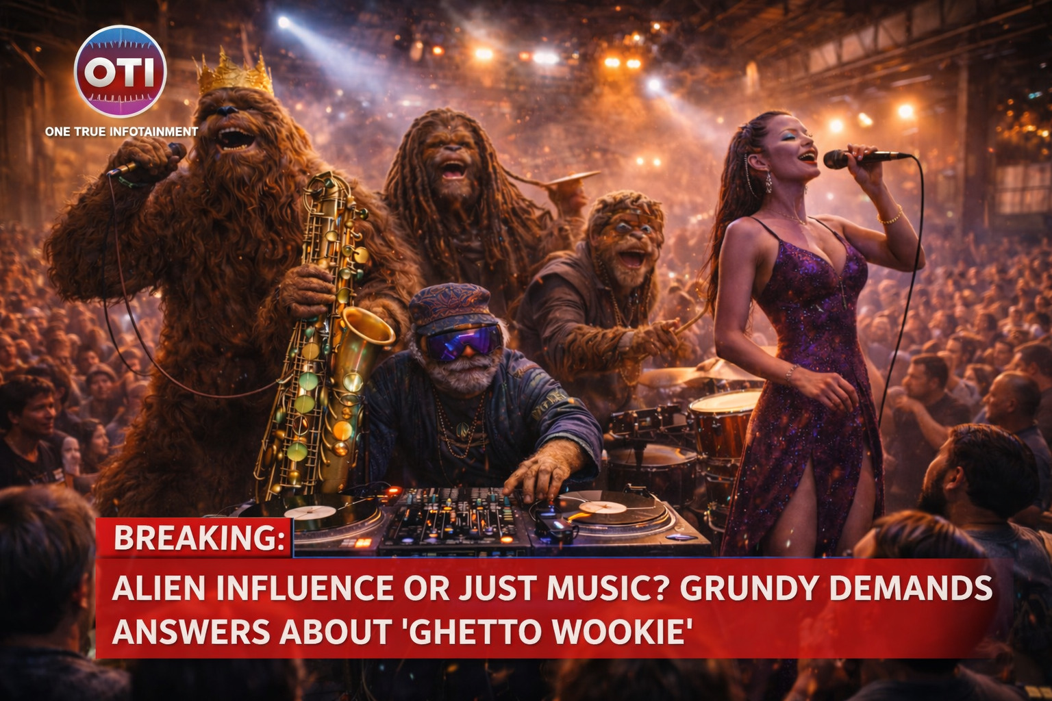 A glittering stadium concert scene under cosmic lighting as Ghetto Wookie performs; the crowd appears suspiciously synchronized.